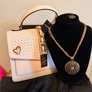 Aldo Cream Satchel with Chain and Heart Detail